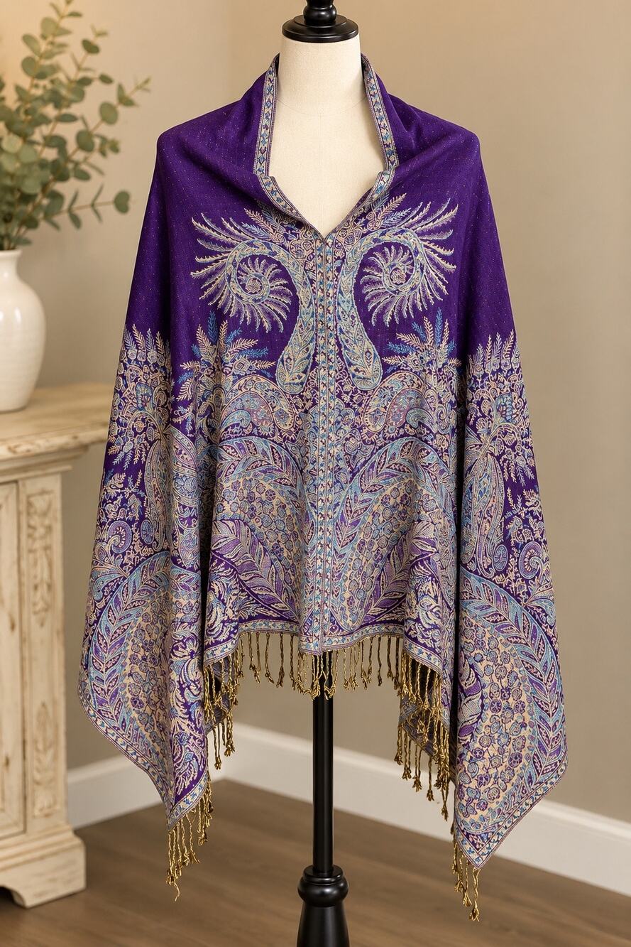 Purple Paisley Jacquard Pashmina Style Shawl Wrap Fringe Boho One Size